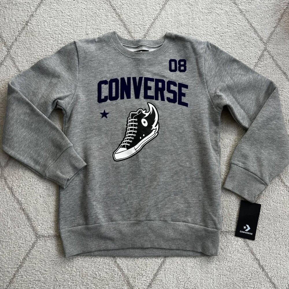 Kid's Converse PF Flyers Sneaker Graphic Crewneck Sweatshirt Gray Sz L - XS/S Wm